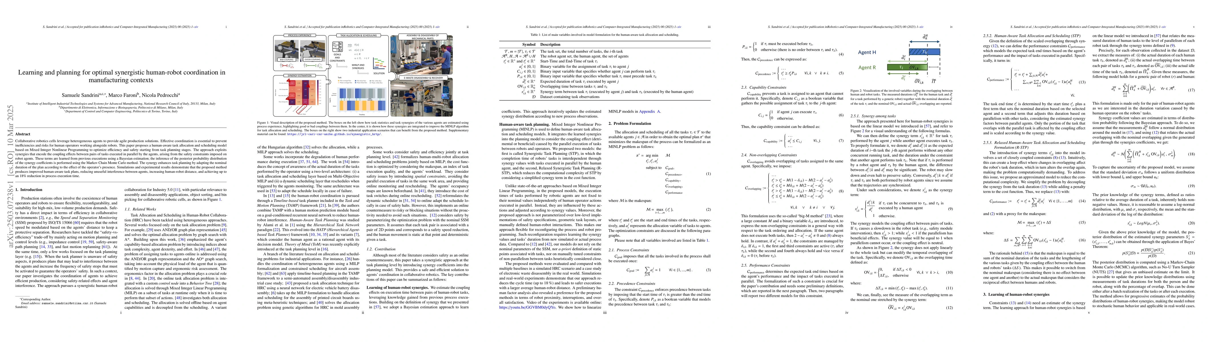 Thumbnail for Learning and planning for optimal synergistic human-robot coordination
  in manufacturing contexts