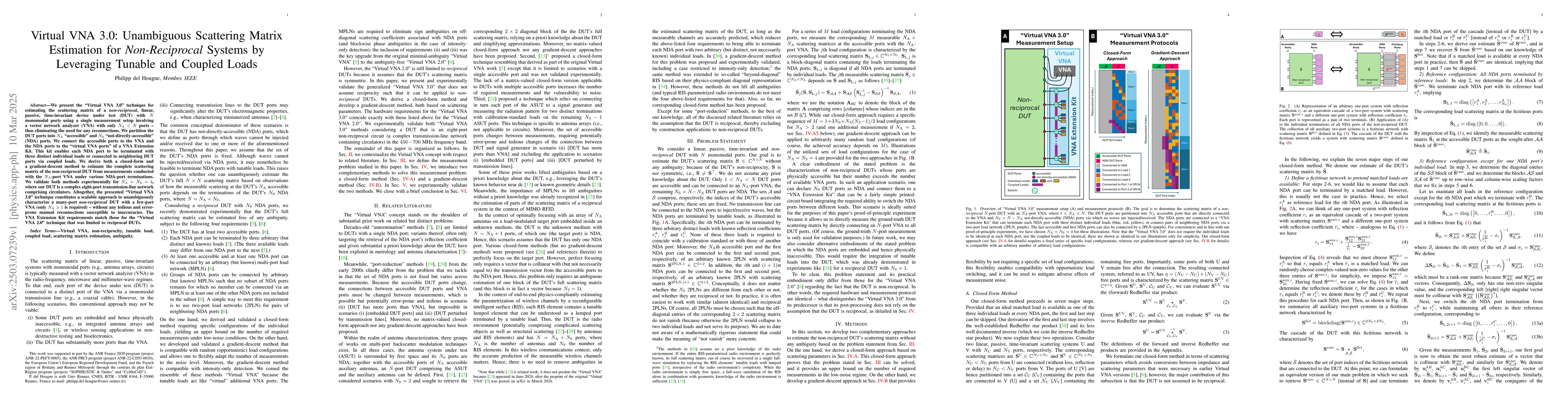 Thumbnail for Virtual VNA 3.0: Unambiguous Scattering Matrix Estimation for
  Non-Reciprocal Systems by Leveraging Tunable and Coupled Loads