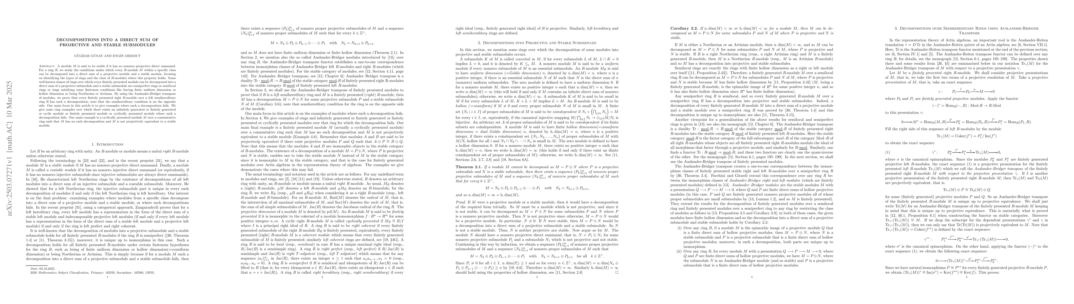 Thumbnail for Decompositions into a direct sum of projective and stable submodules