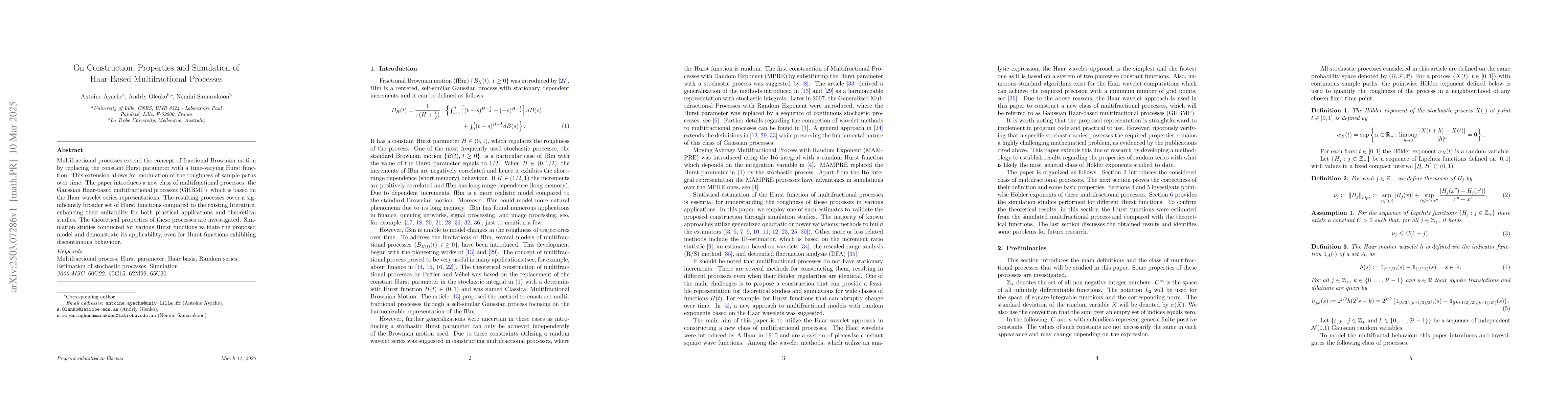 Thumbnail for On Construction, Properties and Simulation of Haar-Based Multifractional
  Processes