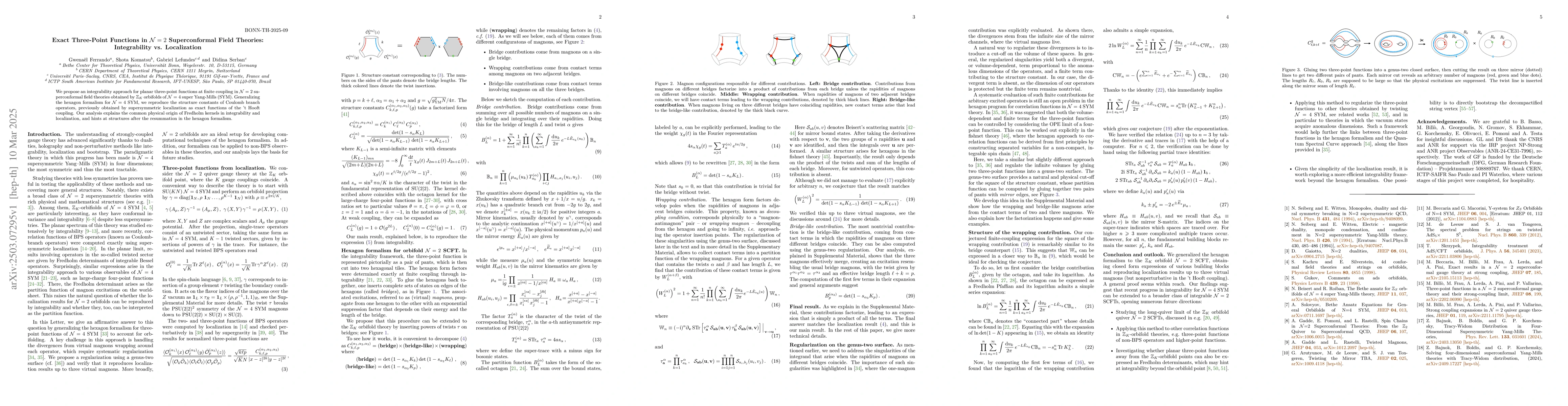 Thumbnail for Exact Three-Point Functions in $\mathcal{N}=2$ Superconformal Field
  Theories: Integrability vs. Localization