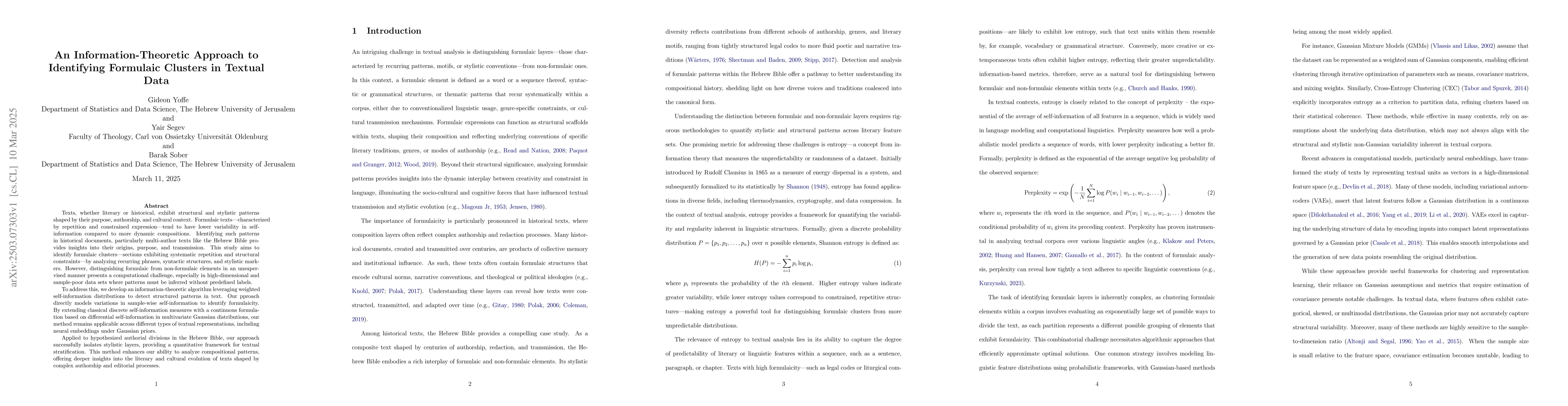 Thumbnail for An Information-Theoretic Approach to Identifying Formulaic Clusters in
  Textual Data