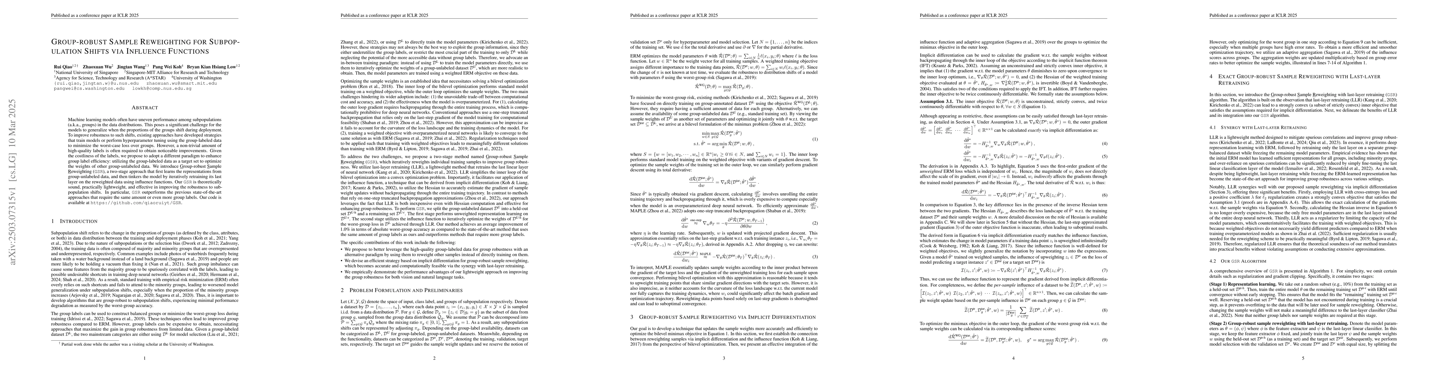 Thumbnail for Group-robust Sample Reweighting for Subpopulation Shifts via Influence
  Functions
