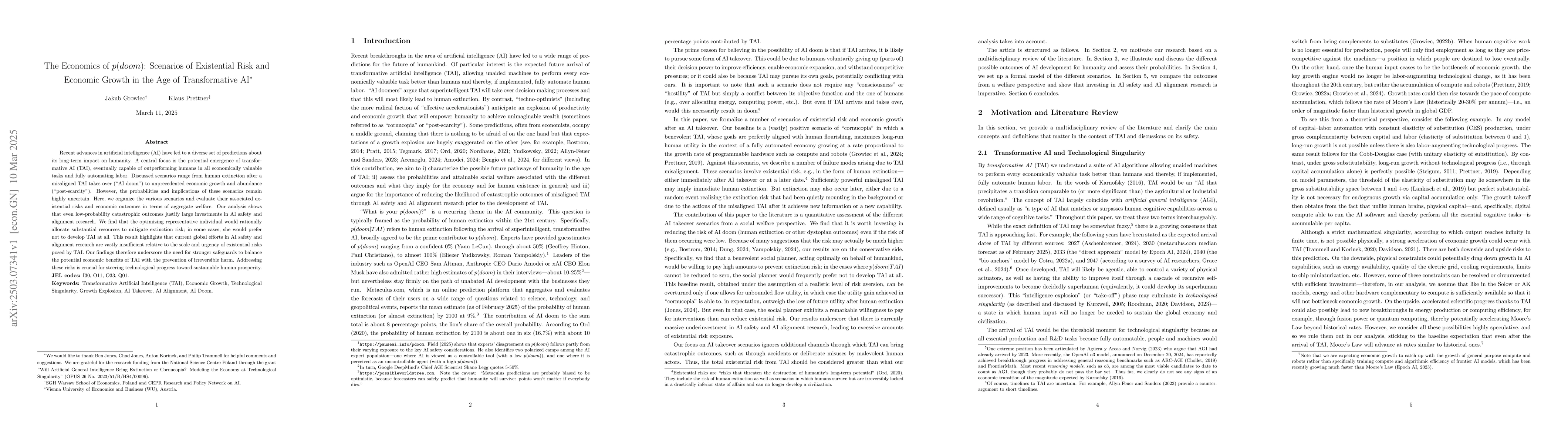 Thumbnail for The Economics of p(doom): Scenarios of Existential Risk and Economic
  Growth in the Age of Transformative AI
