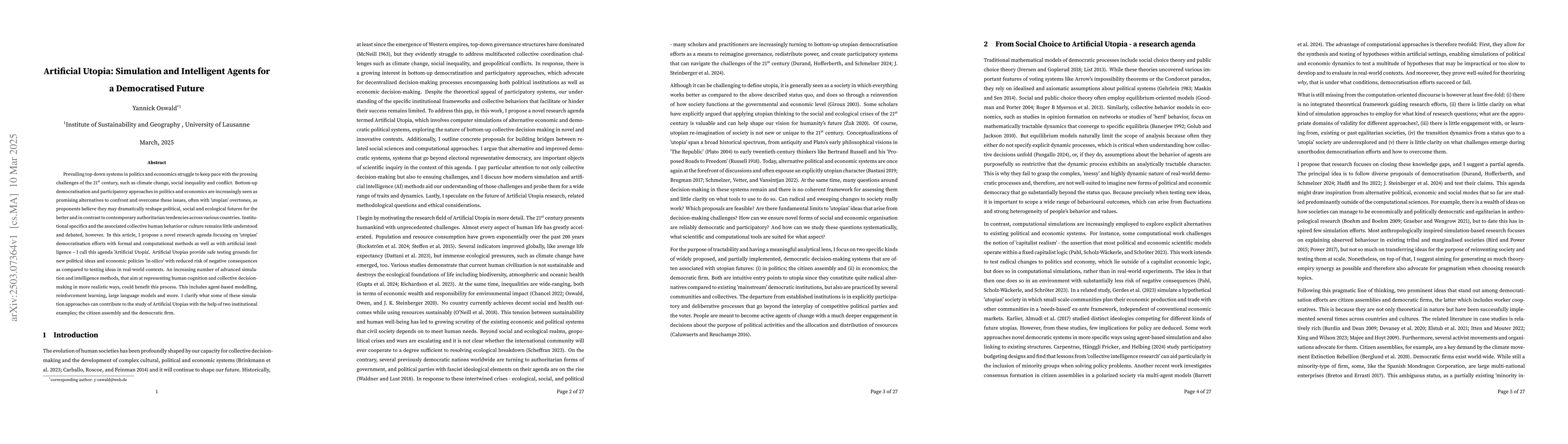 Thumbnail for Artificial Utopia: Simulation and Intelligent Agents for a Democratised
  Future