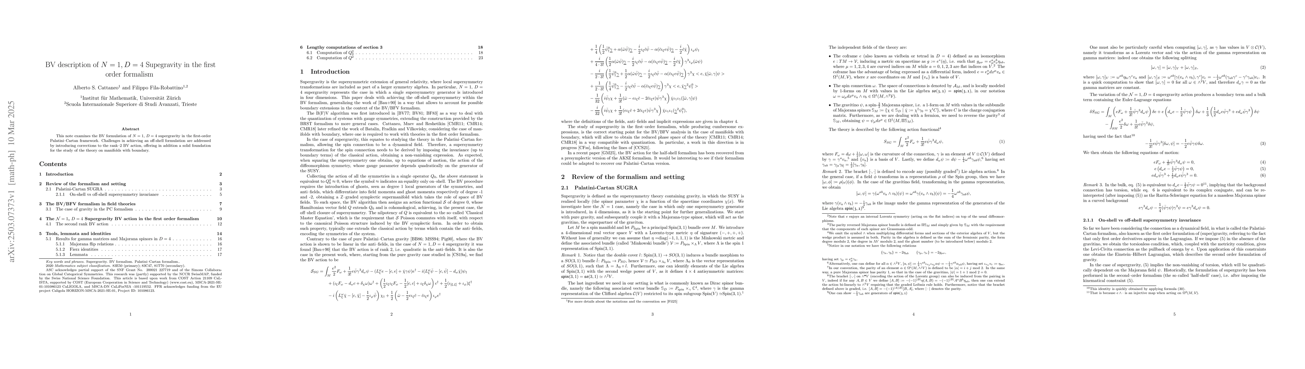 Thumbnail for BV description of $N = 1$, $D = 4$ Supegravity in the first order
  formalism