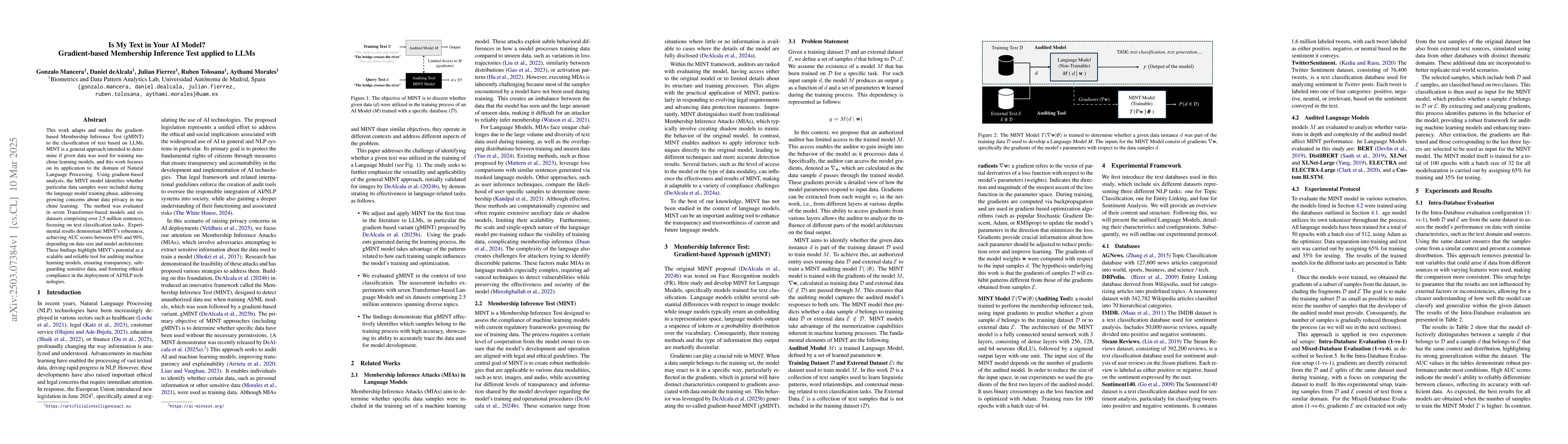 Thumbnail for Is My Text in Your AI Model? Gradient-based Membership Inference Test
  applied to LLMs