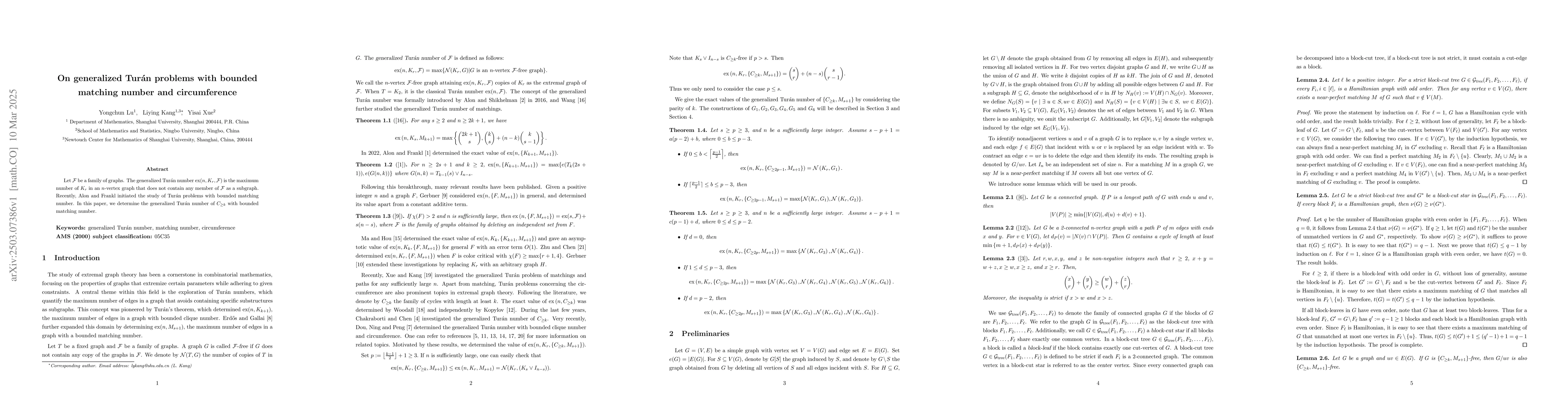 Thumbnail for On generalized Tur{á}n problems with bounded matching number and
  circumference