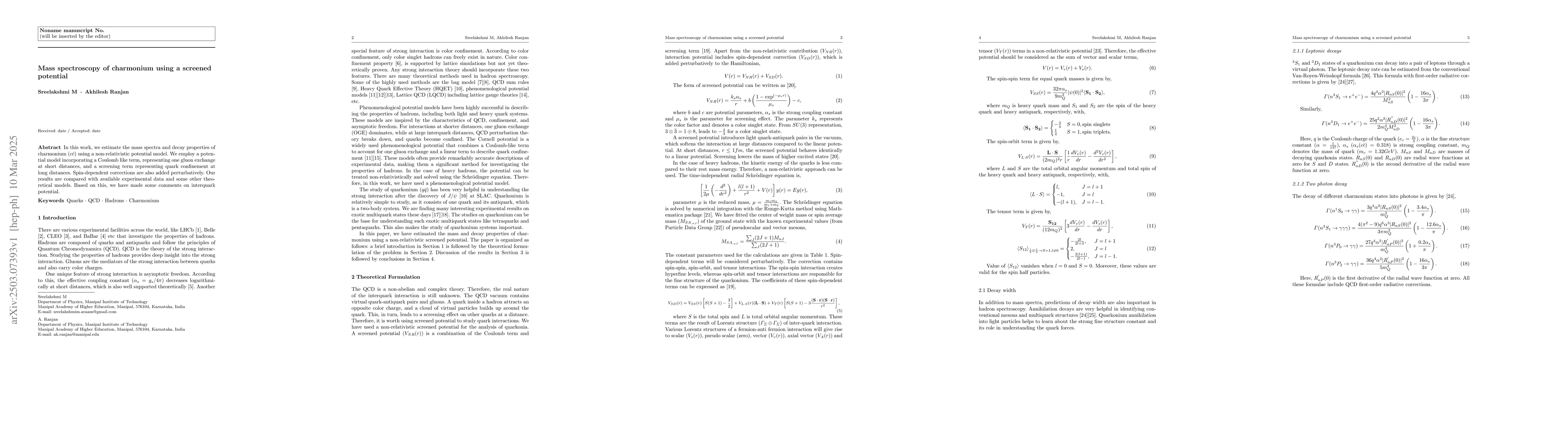 Thumbnail for Mass spectroscopy of charmonium using a screened potential