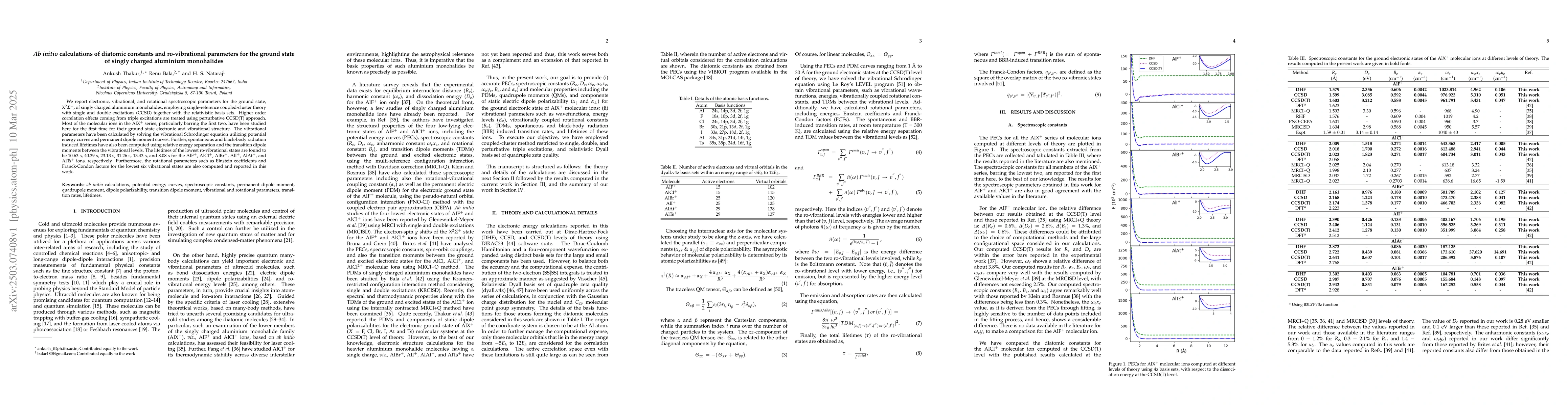 Thumbnail for Ab initio calculations of diatomic constants and ro-vibrational
  parameters for the ground state of singly charged aluminium monohalides