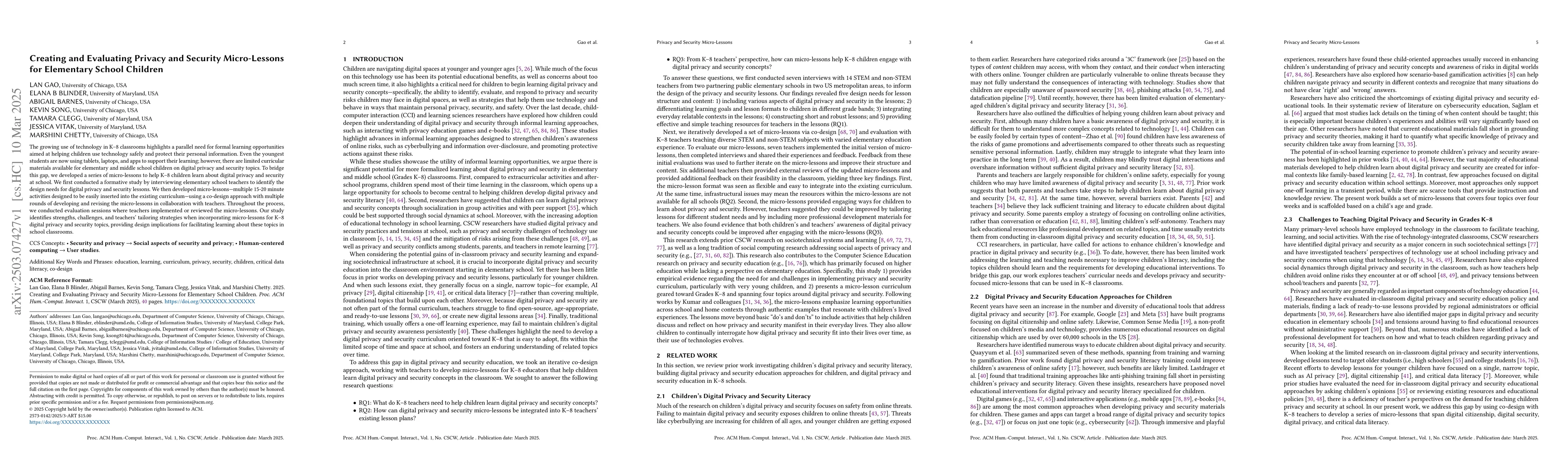 Thumbnail for Creating and Evaluating Privacy and Security Micro-Lessons for
  Elementary School Children
