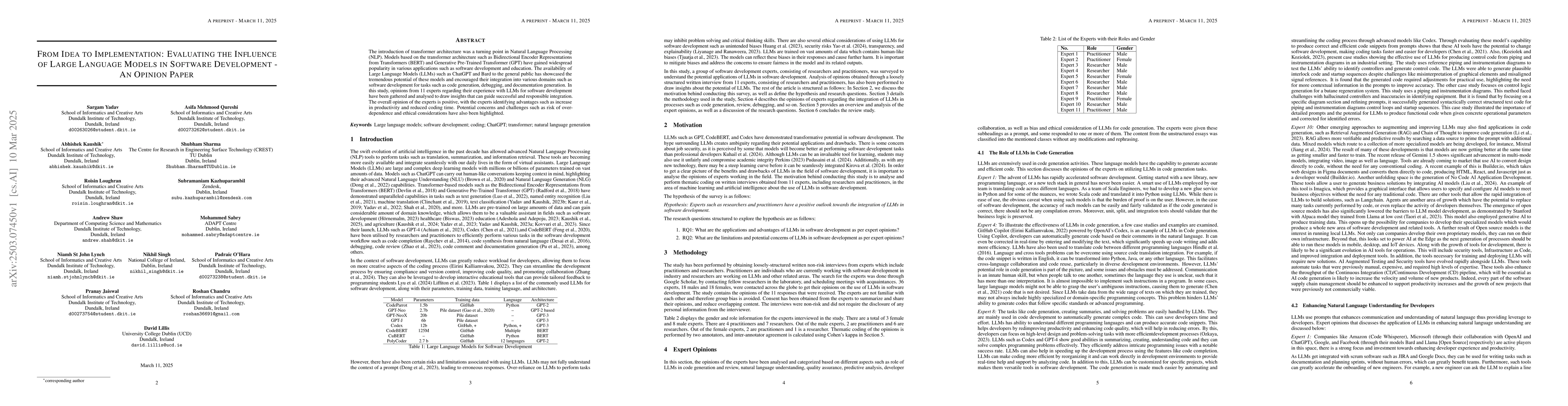 Thumbnail for From Idea to Implementation: Evaluating the Influence of Large Language
  Models in Software Development -- An Opinion Paper