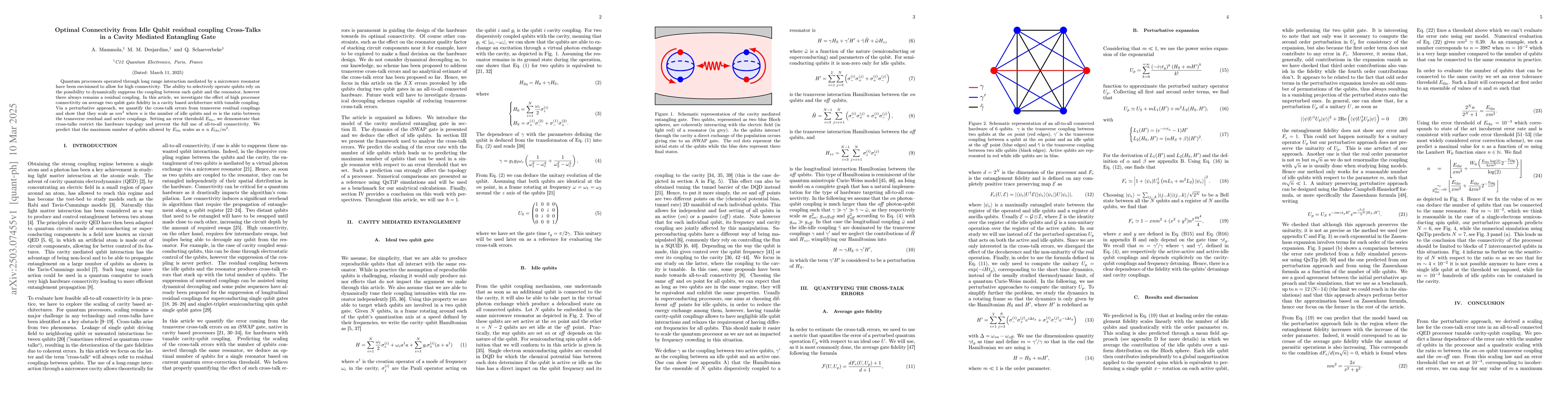 Thumbnail for Optimal Connectivity from Idle Qubit residual coupling Cross-Talks in a
  Cavity Mediated Entangling Gate