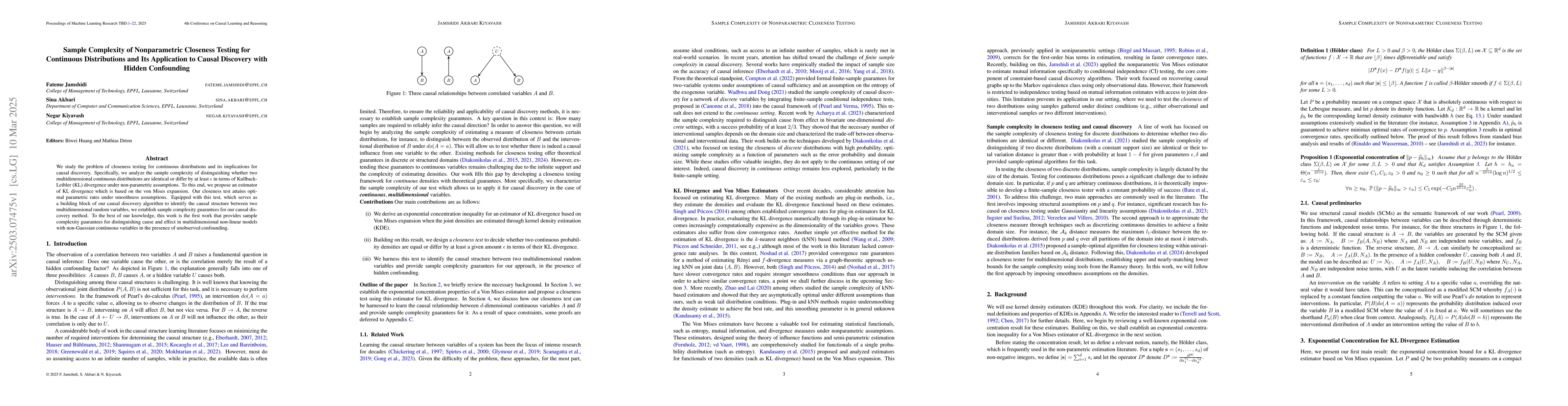 Thumbnail for Sample Complexity of Nonparametric Closeness Testing for Continuous
  Distributions and Its Application to Causal Discovery with Hidden Confounding