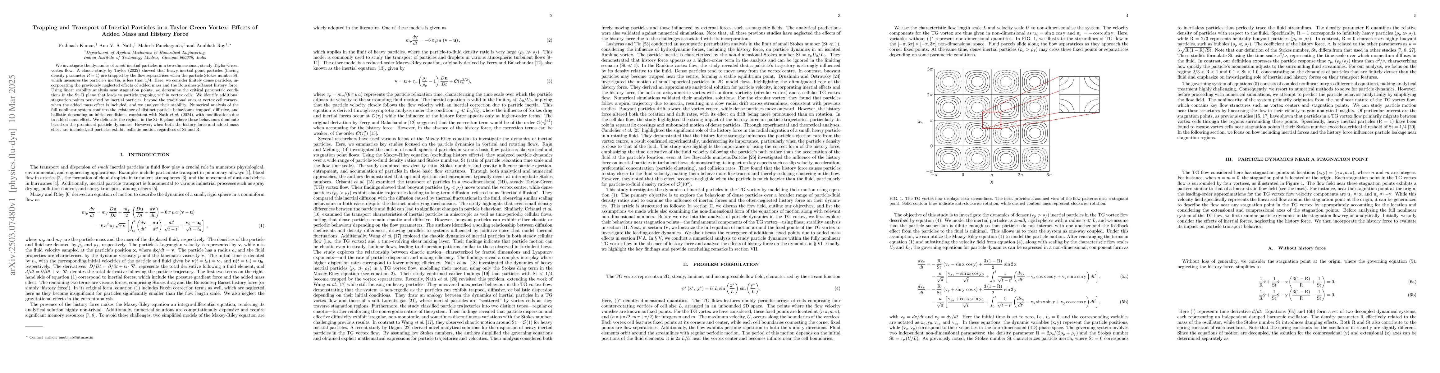 Thumbnail for Trapping and Transport of Inertial Particles in a Taylor-Green Vortex:
  Effects of Added Mass and History Force