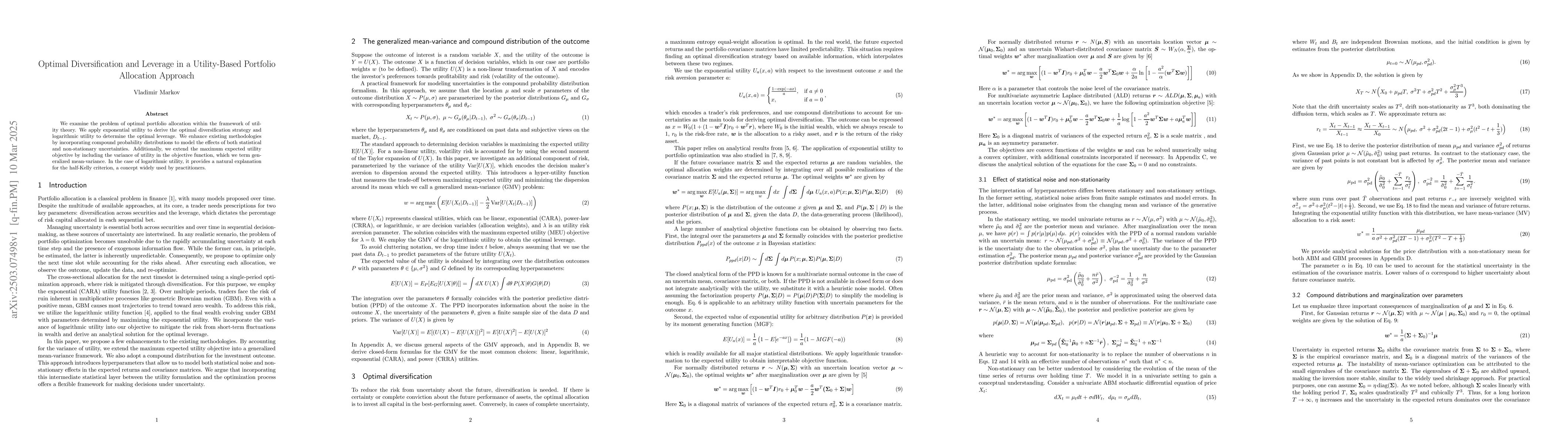 Thumbnail for Optimal Diversification and Leverage in a Utility-Based Portfolio
  Allocation Approach