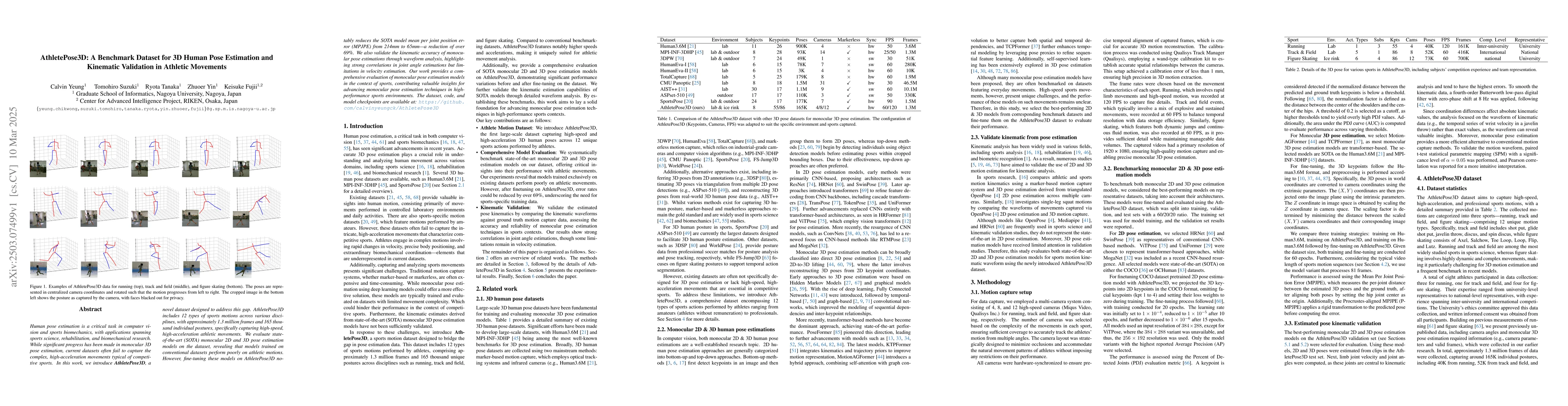 Thumbnail for AthletePose3D: A Benchmark Dataset for 3D Human Pose Estimation and
  Kinematic Validation in Athletic Movements