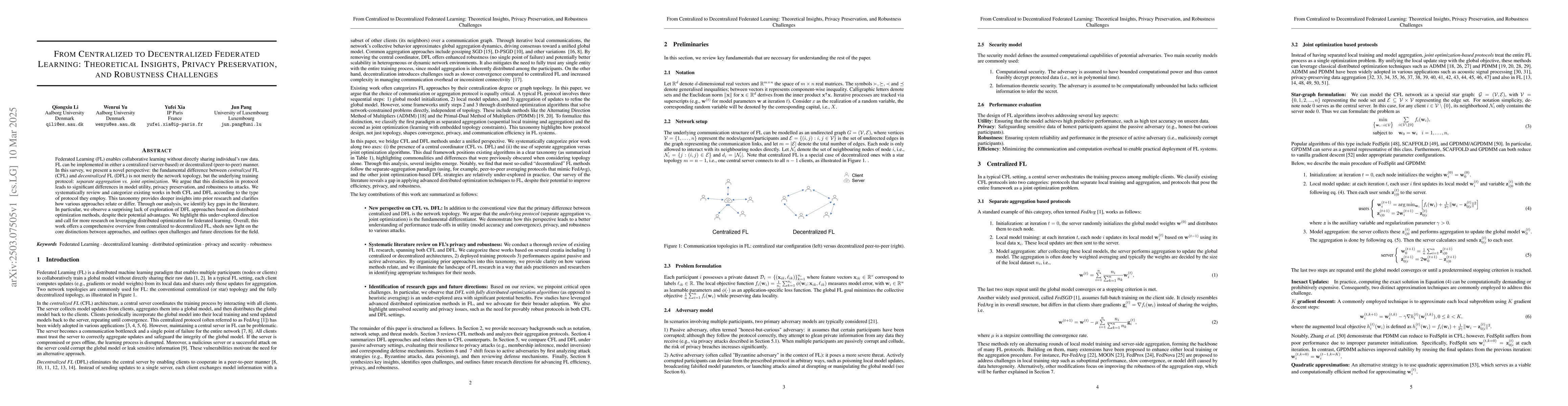 Thumbnail for From Centralized to Decentralized Federated Learning: Theoretical
  Insights, Privacy Preservation, and Robustness Challenges