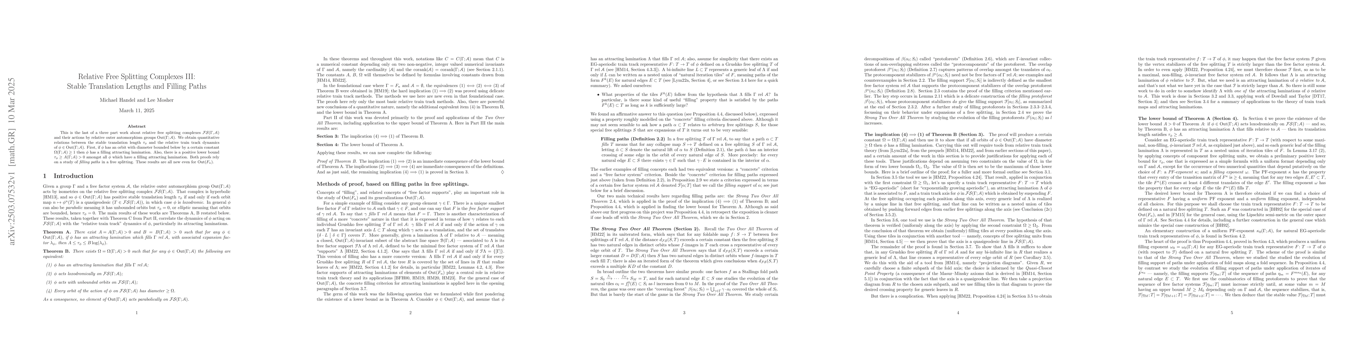 Thumbnail for Relative Free Splitting Complexes III: Stable Translation Lengths and
  Filling Paths