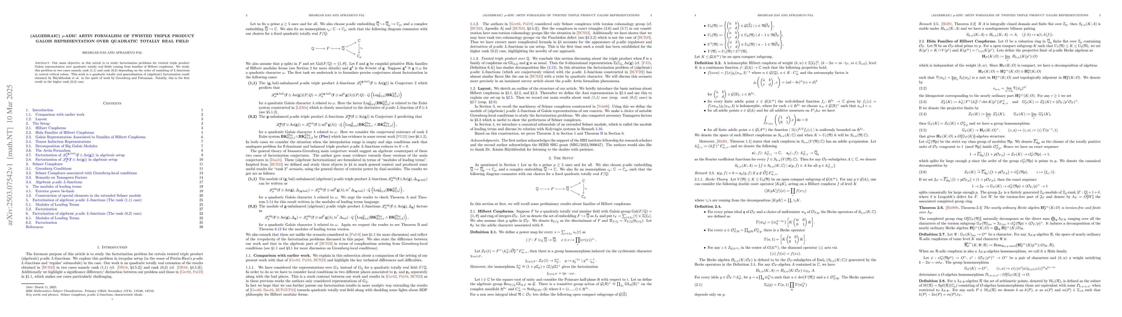 Thumbnail for (Algebraic) $ p $-adic Artin Formalism of Twisted Triple Product Galois
  Representation over Quadratic Totally Real Field