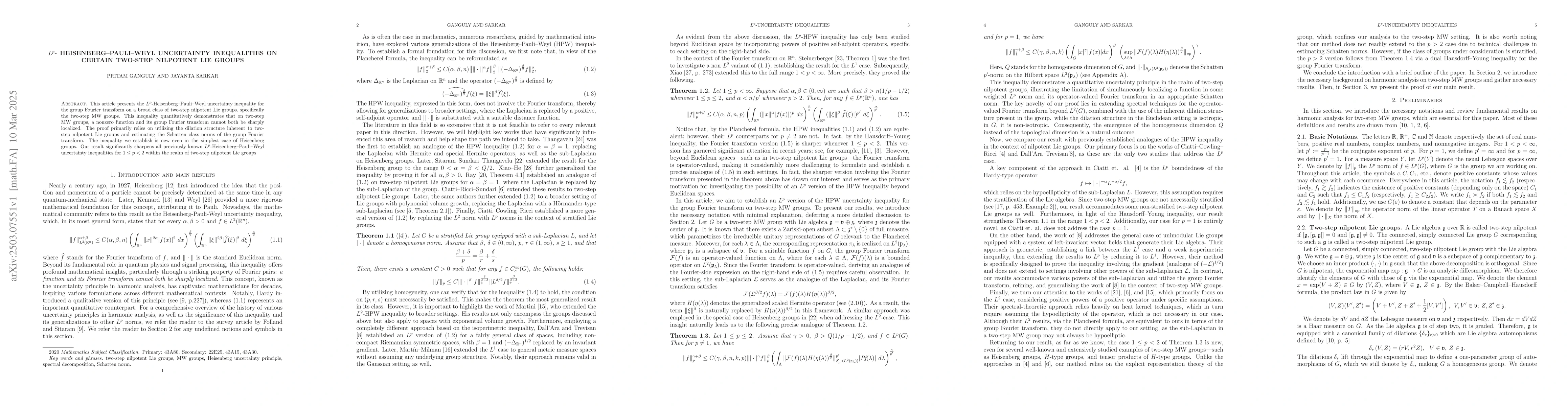 Thumbnail for $L^p$- Heisenberg--Pauli--Weyl uncertainty inequalities on certain
  two-step nilpotent Lie groups