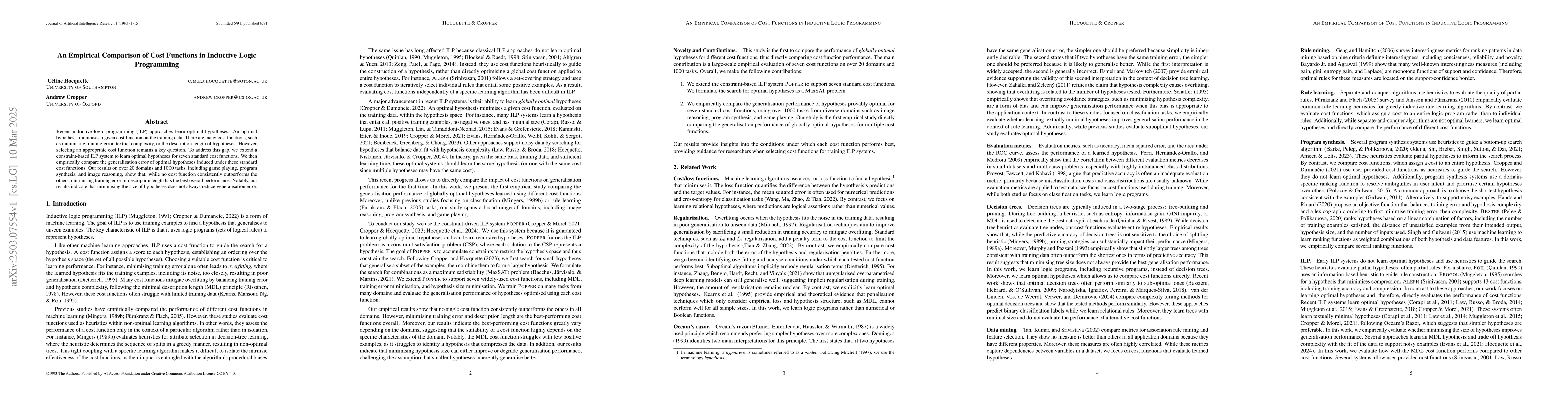 Thumbnail for An Empirical Comparison of Cost Functions in Inductive Logic Programming