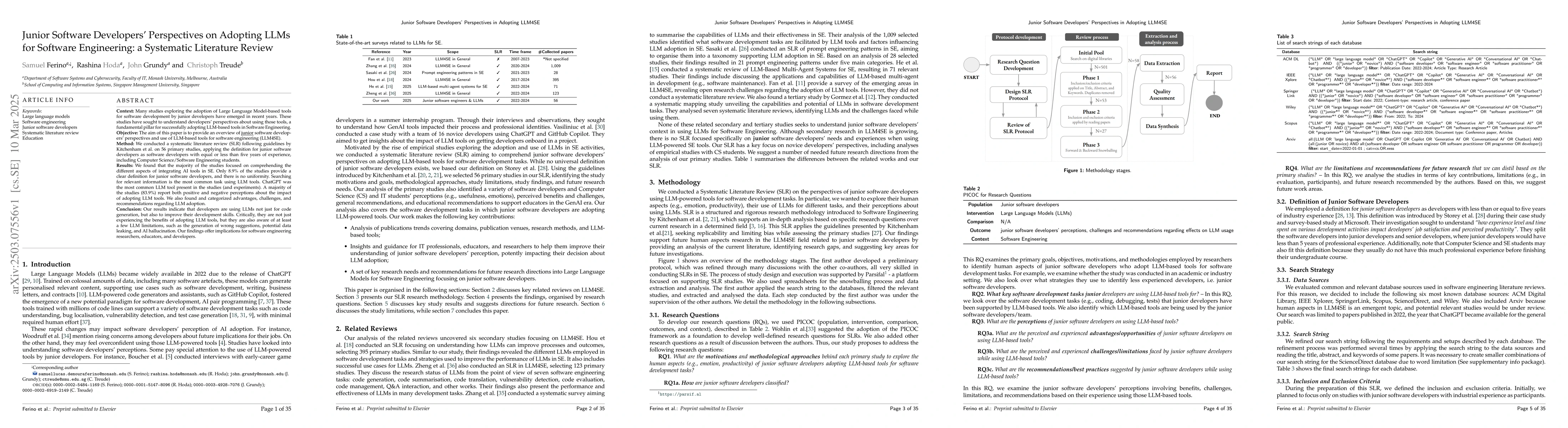 Thumbnail for Junior Software Developers' Perspectives on Adopting LLMs for Software
  Engineering: a Systematic Literature Review