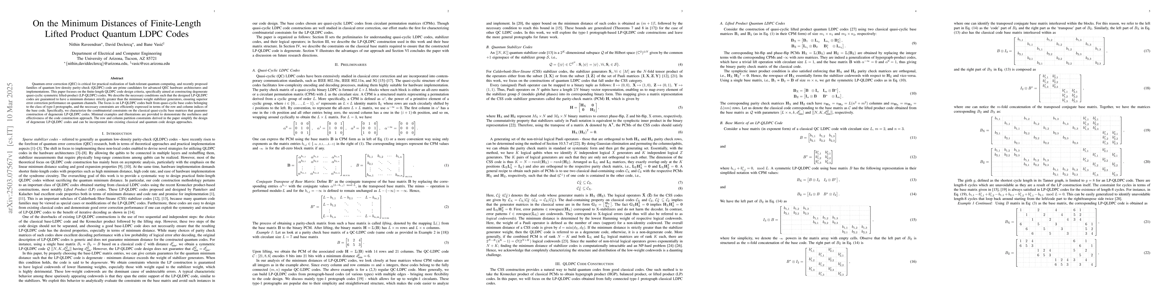 Thumbnail for On the Minimum Distances of Finite-Length Lifted Product Quantum LDPC
  Codes