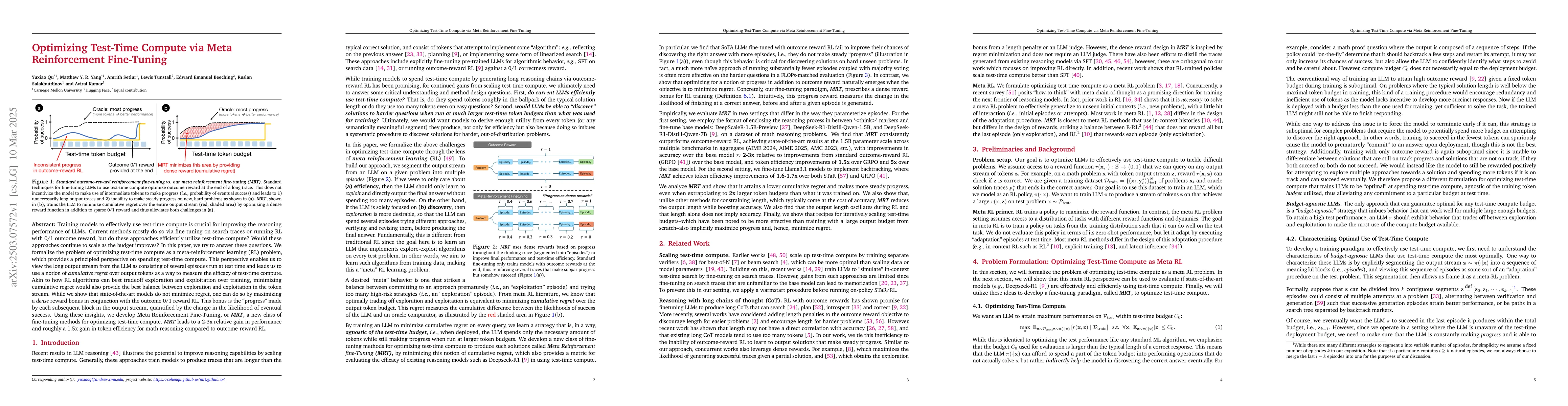 Thumbnail for Optimizing Test-Time Compute via Meta Reinforcement Fine-Tuning