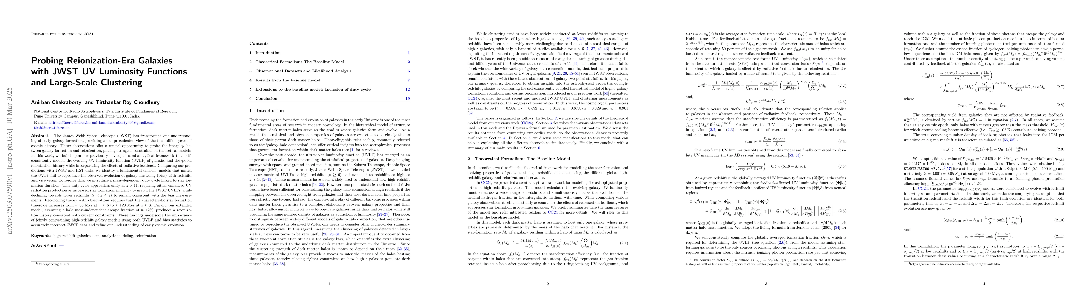 Thumbnail for Probing Reionization-Era Galaxies with JWST UV Luminosity Functions and
  Large-Scale Clustering