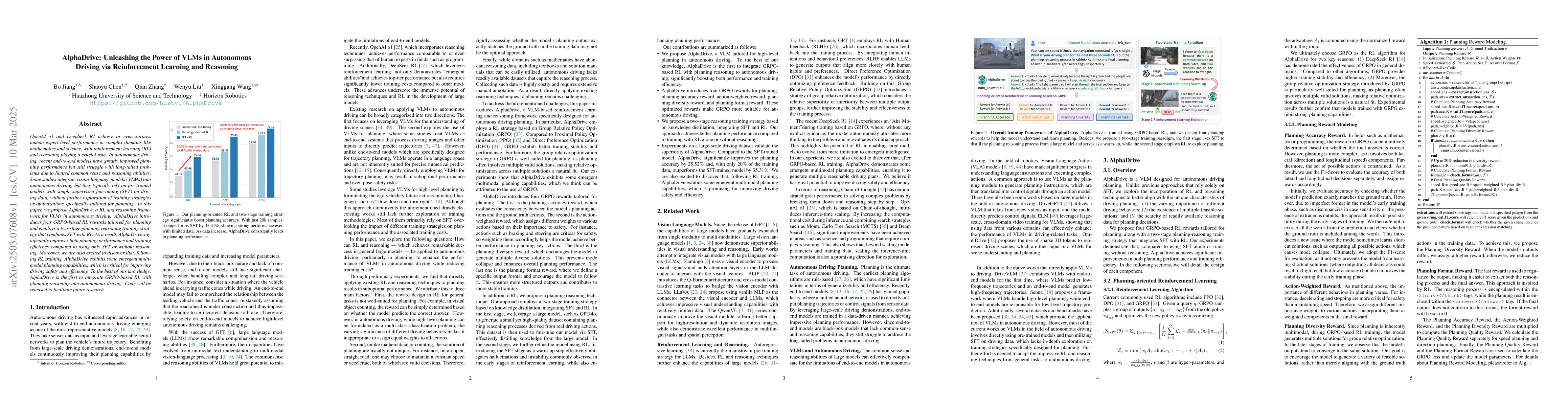 Thumbnail for AlphaDrive: Unleashing the Power of VLMs in Autonomous Driving via
  Reinforcement Learning and Reasoning