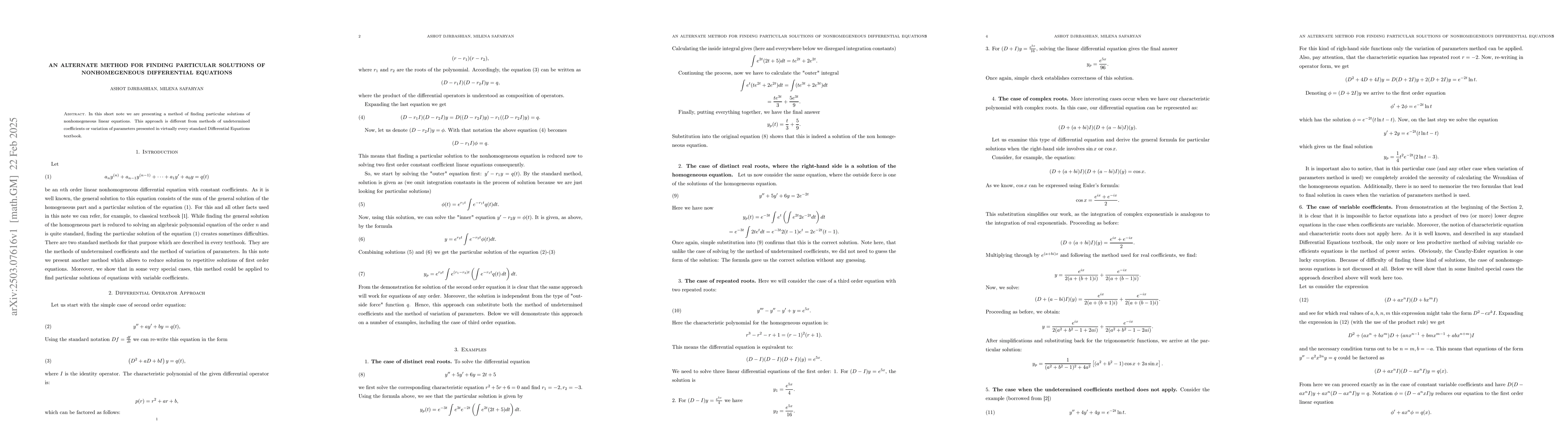 Thumbnail for An Alternate Method for Finding Particular Solutions of Nonhomegeneous
  Differential Equations