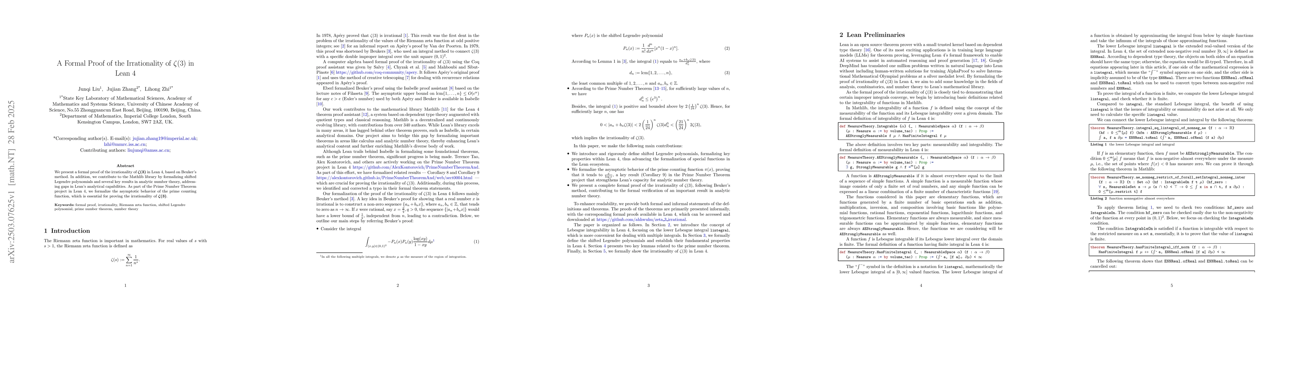 Thumbnail for A Formal Proof of the Irrationality of $Îś(3)$ in Lean 4