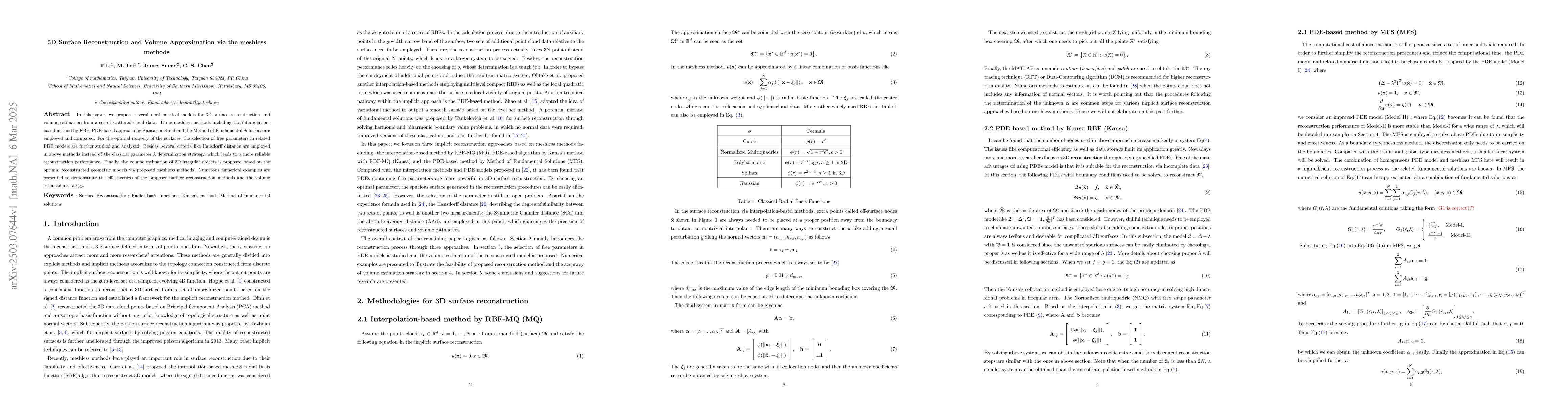 Thumbnail for 3D Surface Reconstruction and Volume Approximation via the meshless
  methods