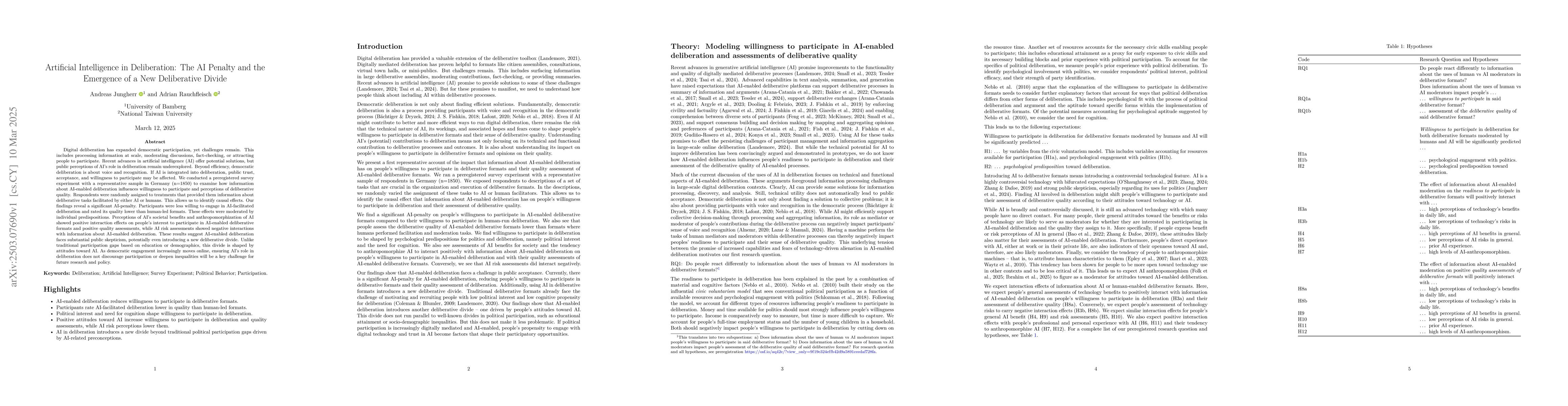 Thumbnail for Artificial Intelligence in Deliberation: The AI Penalty and the
  Emergence of a New Deliberative Divide