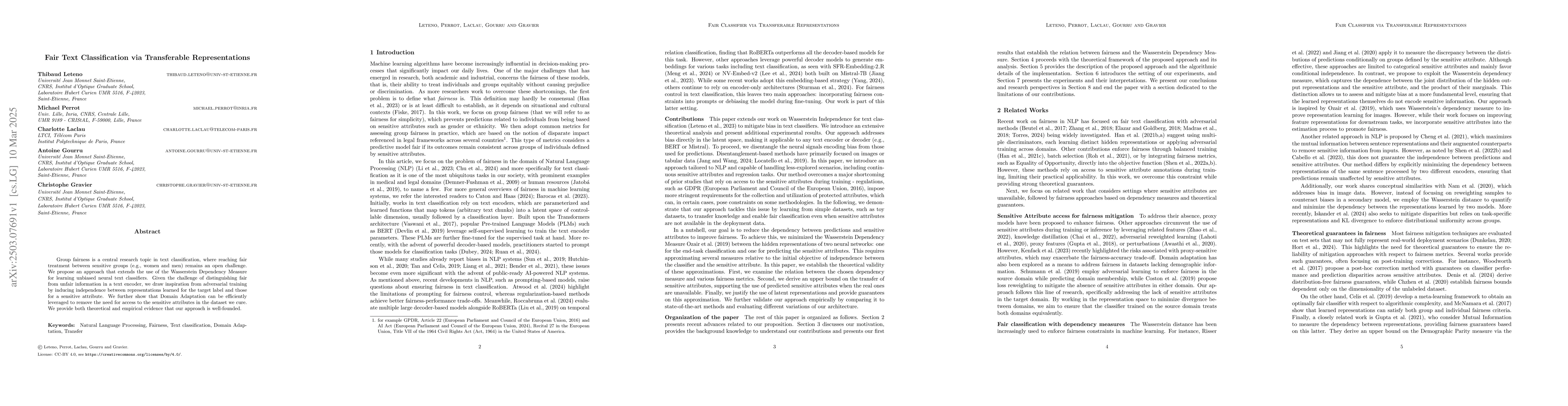 Thumbnail for Fair Text Classification via Transferable Representations