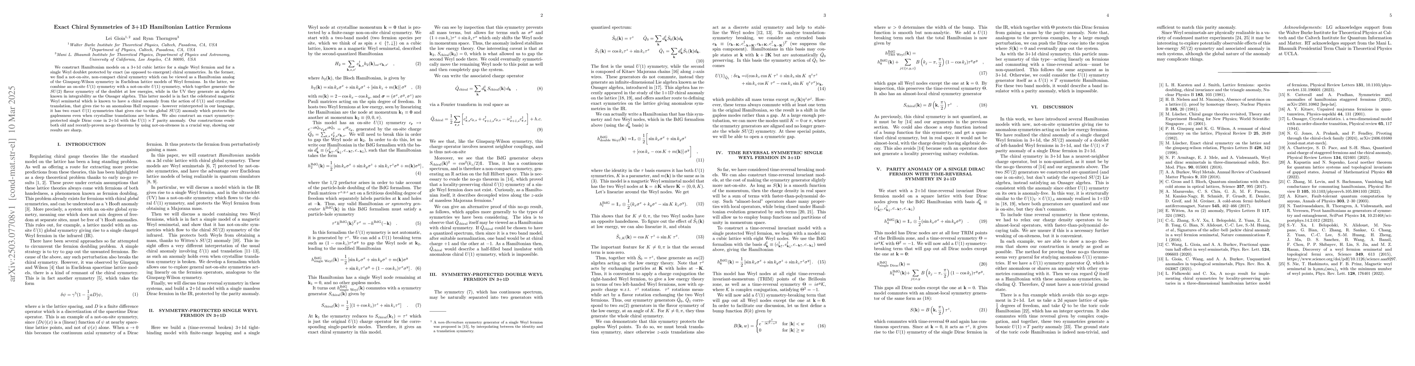 Thumbnail for Exact Chiral Symmetries of 3+1D Hamiltonian Lattice Fermions