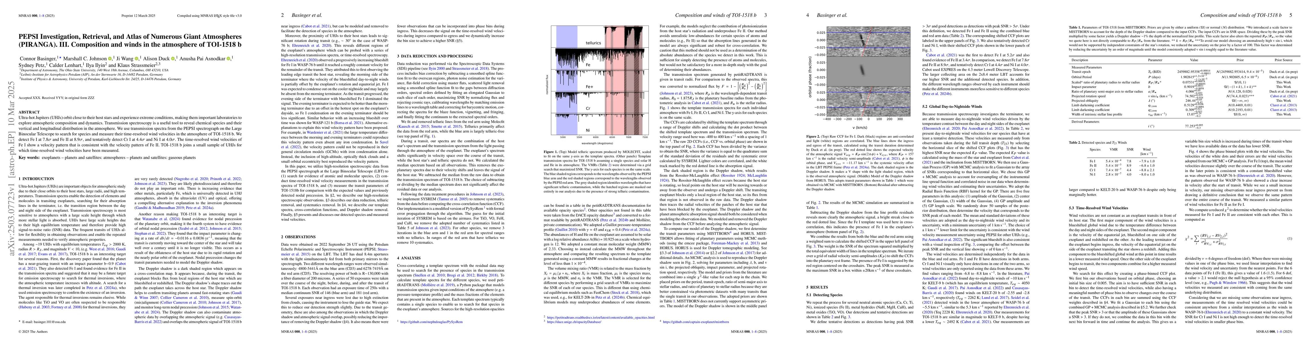 Thumbnail for PEPSI Investigation, Retrieval, and Atlas of Numerous Giant Atmospheres
  (PIRANGA). III. Composition and winds in the atmosphere of TOI-1518 b