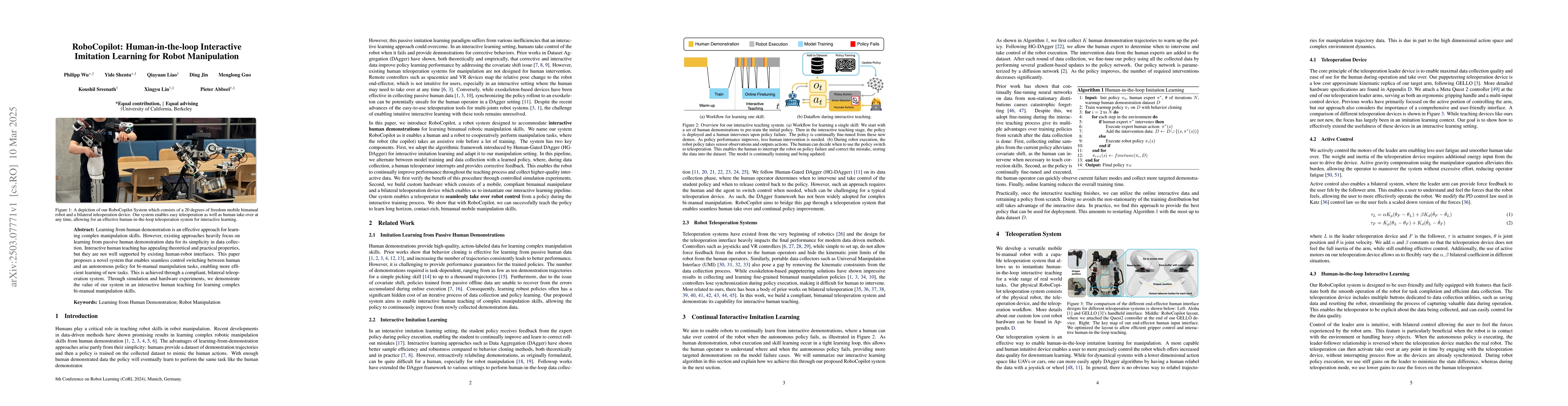 Thumbnail for RoboCopilot: Human-in-the-loop Interactive Imitation Learning for Robot
  Manipulation