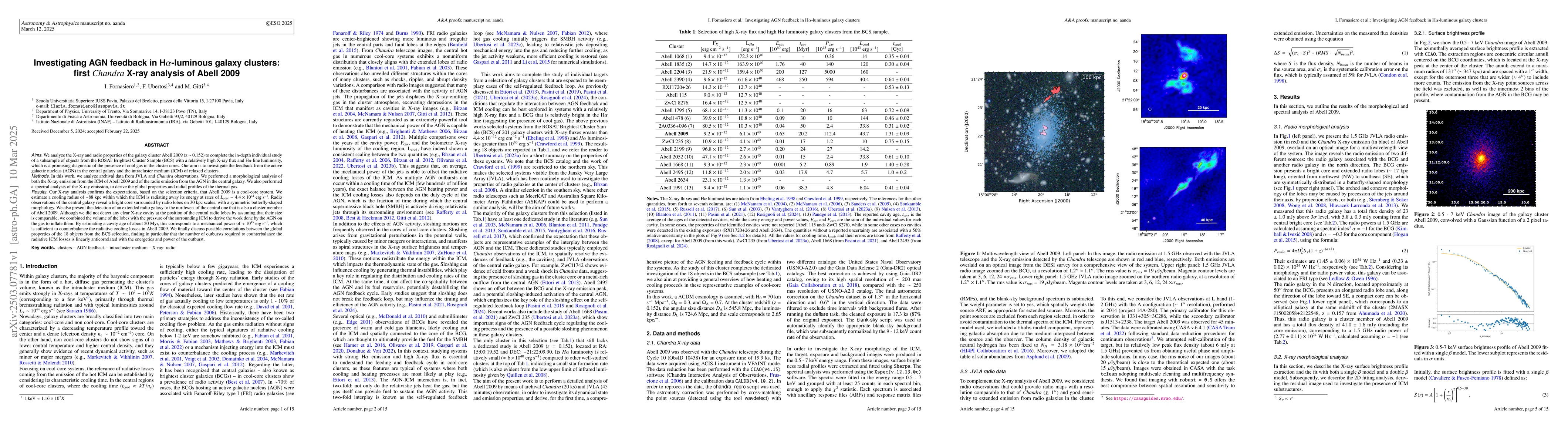 Thumbnail for Investigating AGN feedback in H$α$-luminous galaxy clusters: first
  Chandra X-ray analysis of Abell 2009