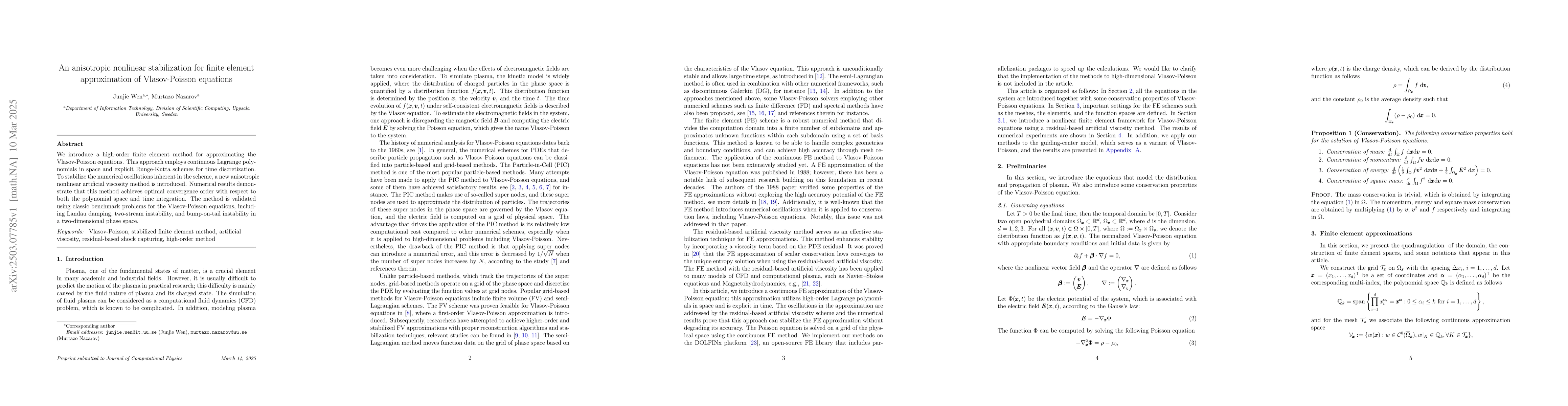 Thumbnail for An anisotropic nonlinear stabilization for finite element approximation
  of Vlasov-Poisson equations
