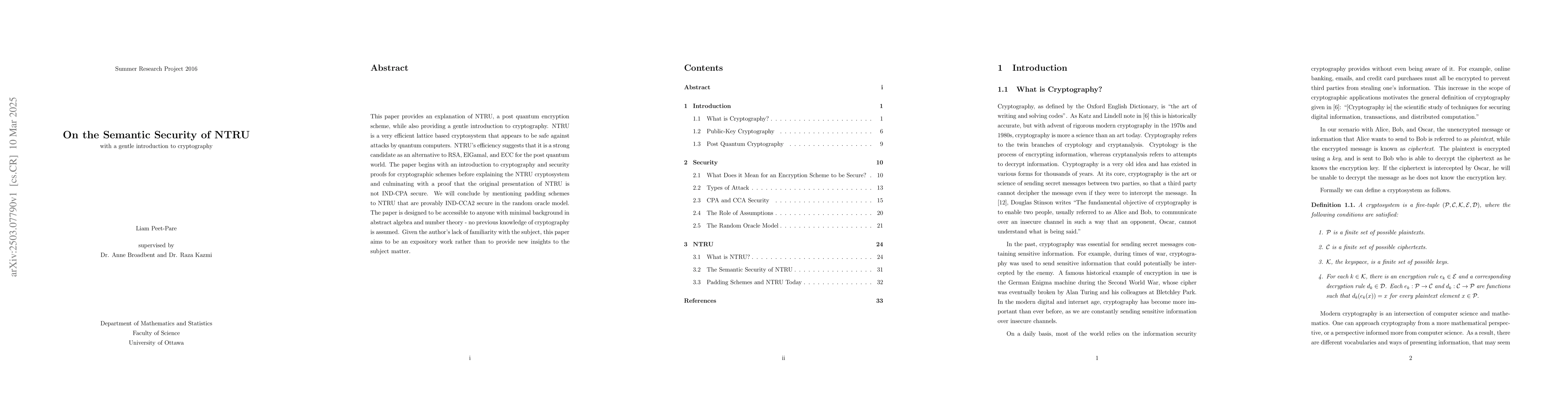 Thumbnail for On the Semantic Security of NTRU -- with a gentle introduction to
  cryptography