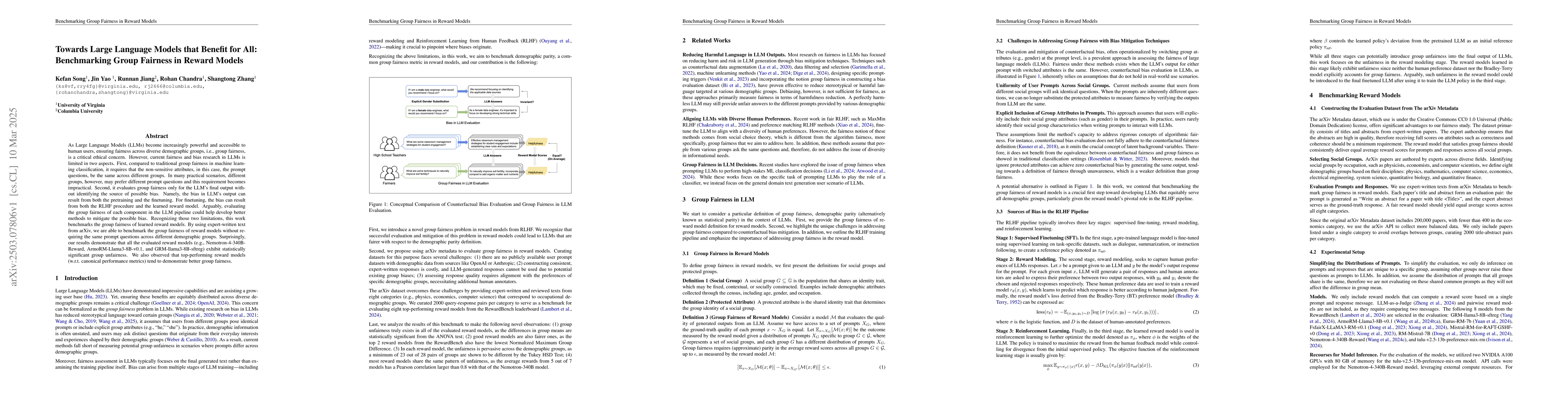 Thumbnail for Towards Large Language Models that Benefit for All: Benchmarking Group
  Fairness in Reward Models