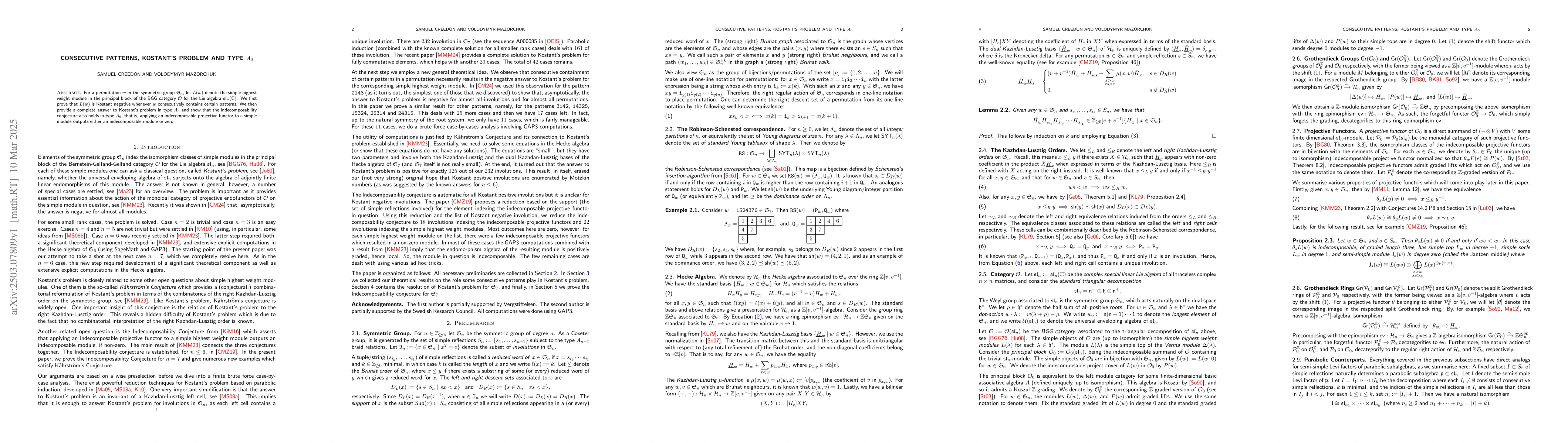 Thumbnail for Consecutive Patterns, Kostant's Problem and Type $A_6$