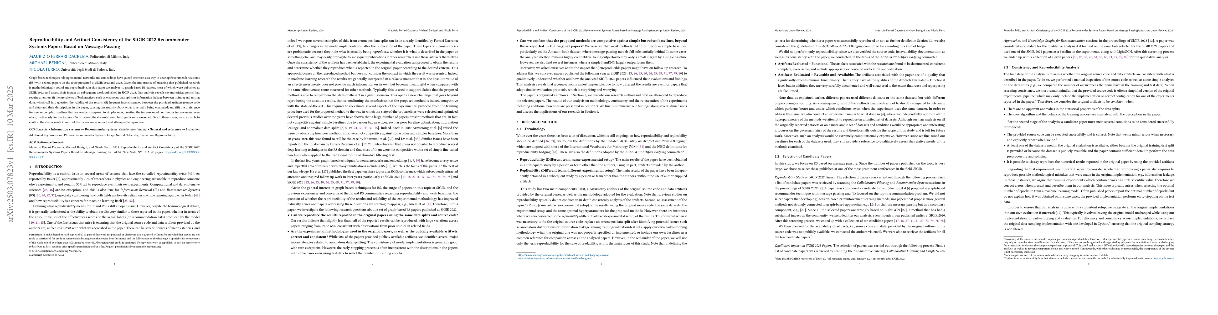 Thumbnail for Reproducibility and Artifact Consistency of the SIGIR 2022 Recommender
  Systems Papers Based on Message Passing