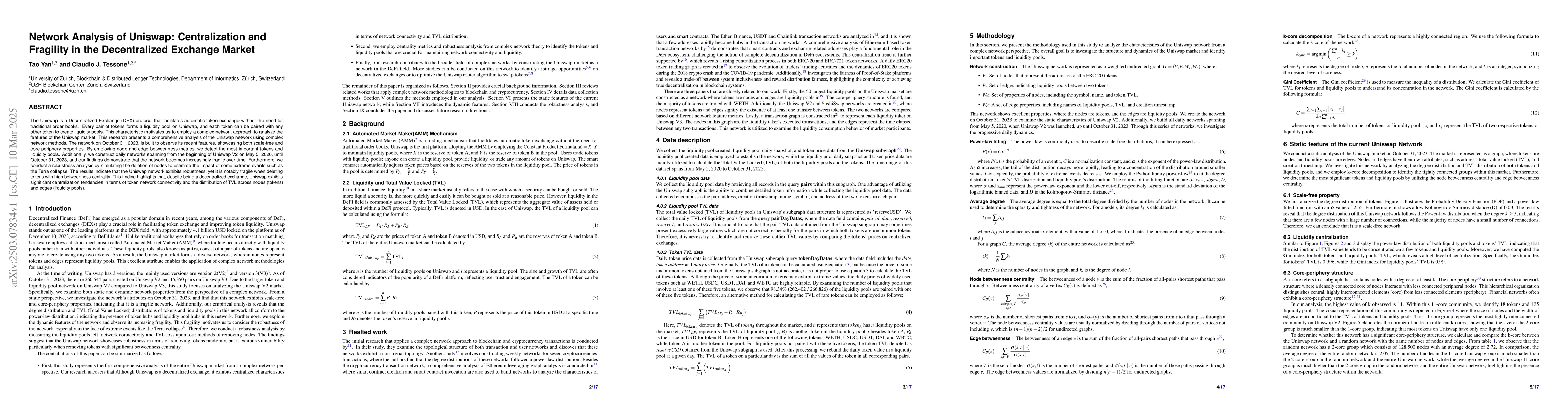 Thumbnail for Network Analysis of Uniswap: Centralization and Fragility in the
  Decentralized Exchange Market