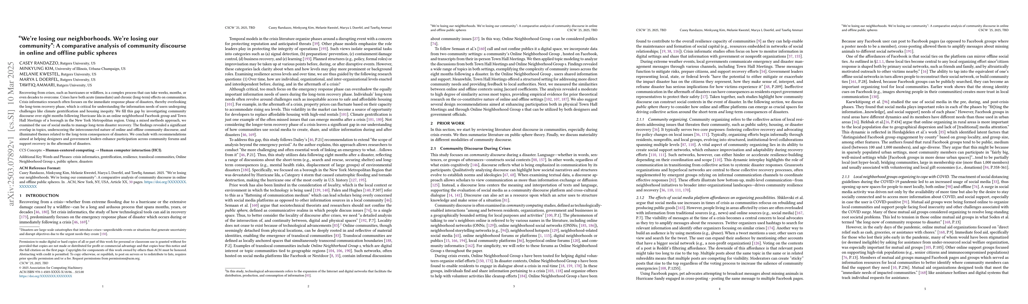 Thumbnail for "We're losing our neighborhoods. We're losing our community": A
  comparative analysis of community discourse in online and offline public
  spheres
