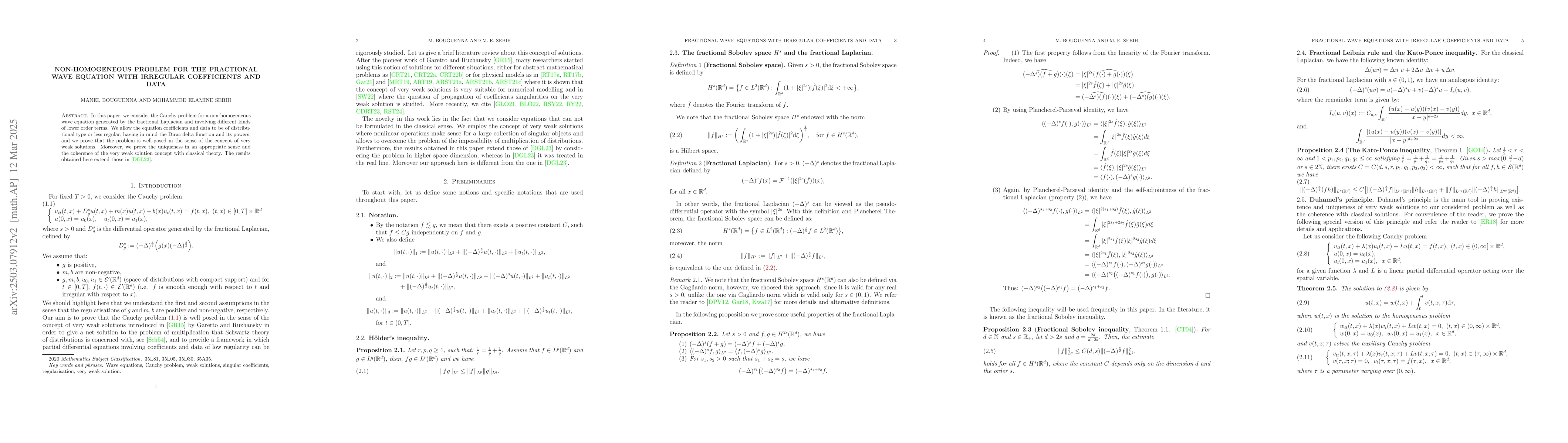 Thumbnail for Non-homogeneous problem for the fractional wave equation with irregular
  coefficients and data
