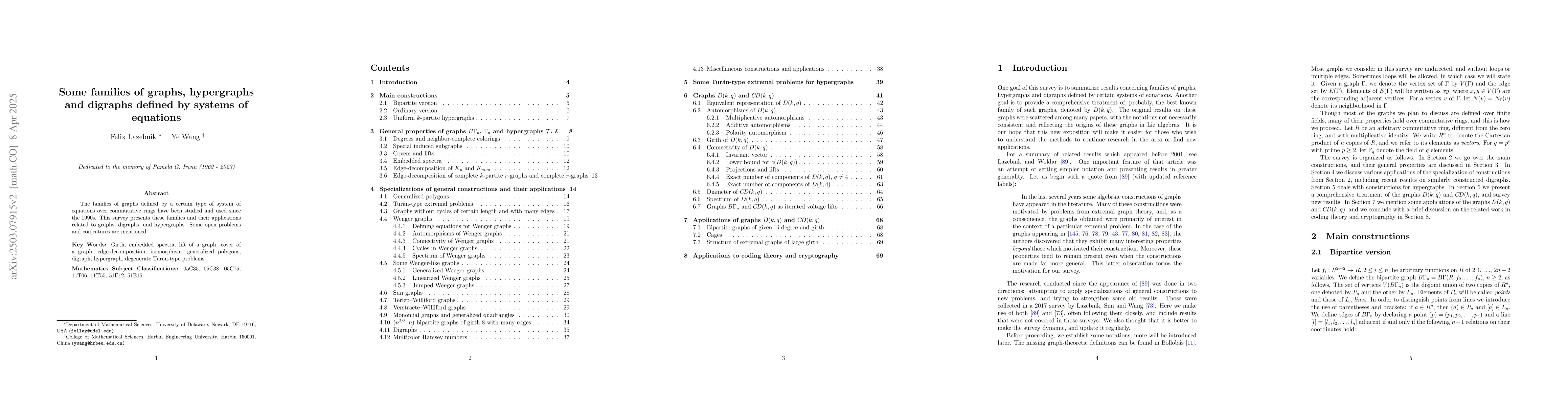 Thumbnail for Some families of graphs, hypergraphs and digraphs defined by systems of
  equations