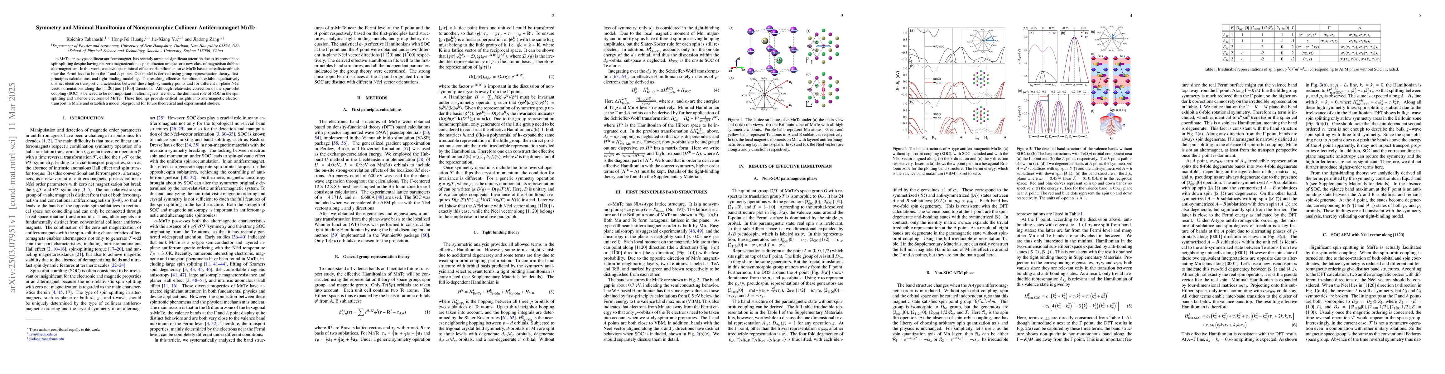 Thumbnail for Symmetry and Minimal Hamiltonian of Nonsymmorphic Collinear
  Antiferromagnet MnTe